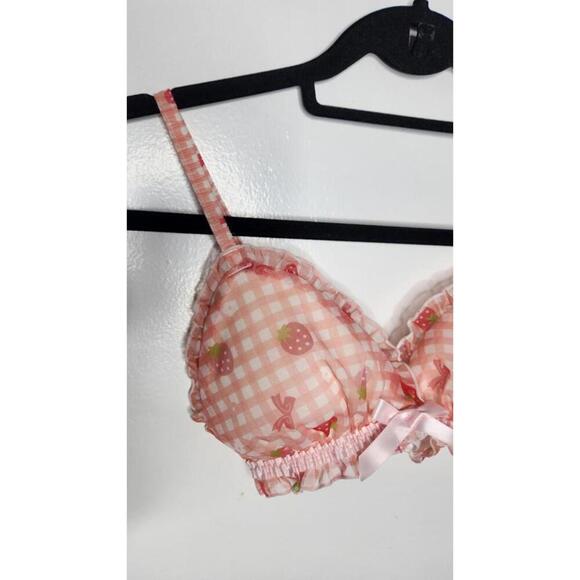 Pink Gingham Strawberry Print Bra Womens XL Ruffle Lace Kawaii Bow Cute Lingerie - Picture 2 of 5